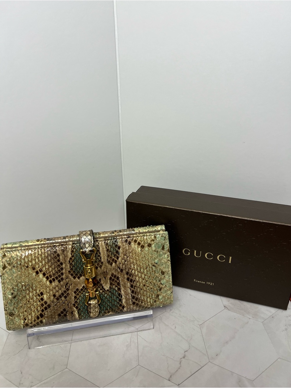 Vintage Gucci Python “Jackie”Leather Clutch Wallet in Green-Brown